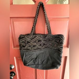 Brand new black canvas and macrame heavy tote bag